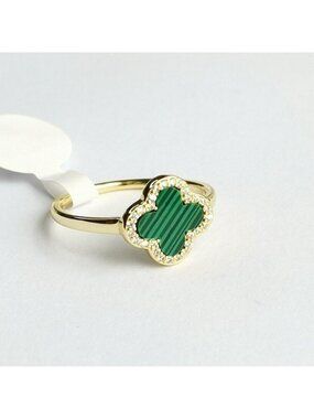 Clover Malachite CZ Ring 14k Gold Vermeil Size 8